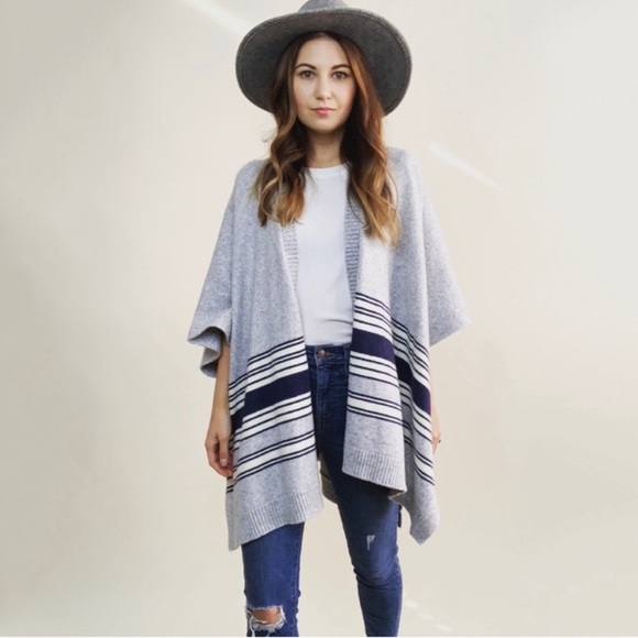 GAP Gray Wool Camel Blend Open Striped Sweater Poncho Heater Gray, White Navy - Picture 2 of 15